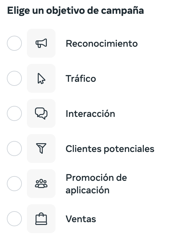 Selección de objetivo de campaña en Facebook Ads