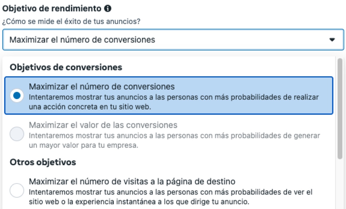 Objetivo de campaña en Meta Ads