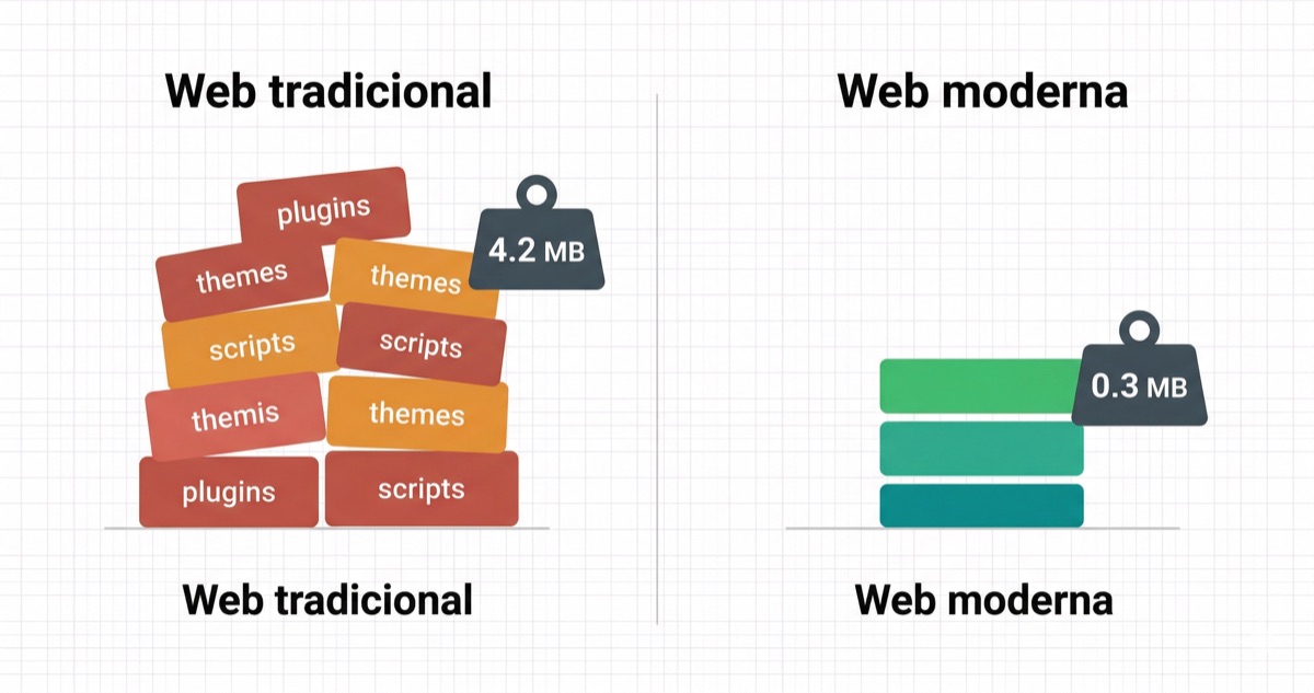 Comparativa de peso: web tradicional (4.2 MB) vs web moderna (0.3 MB)