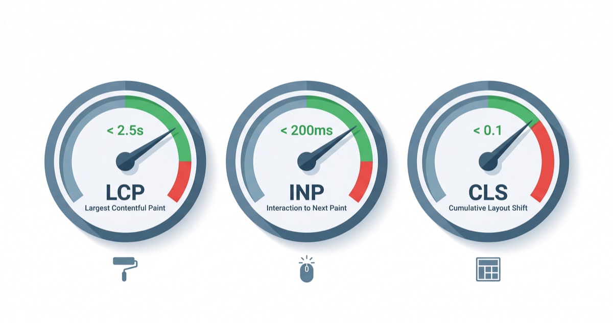 Las tres métricas Core Web Vitals: LCP, INP y CLS representadas como gauges