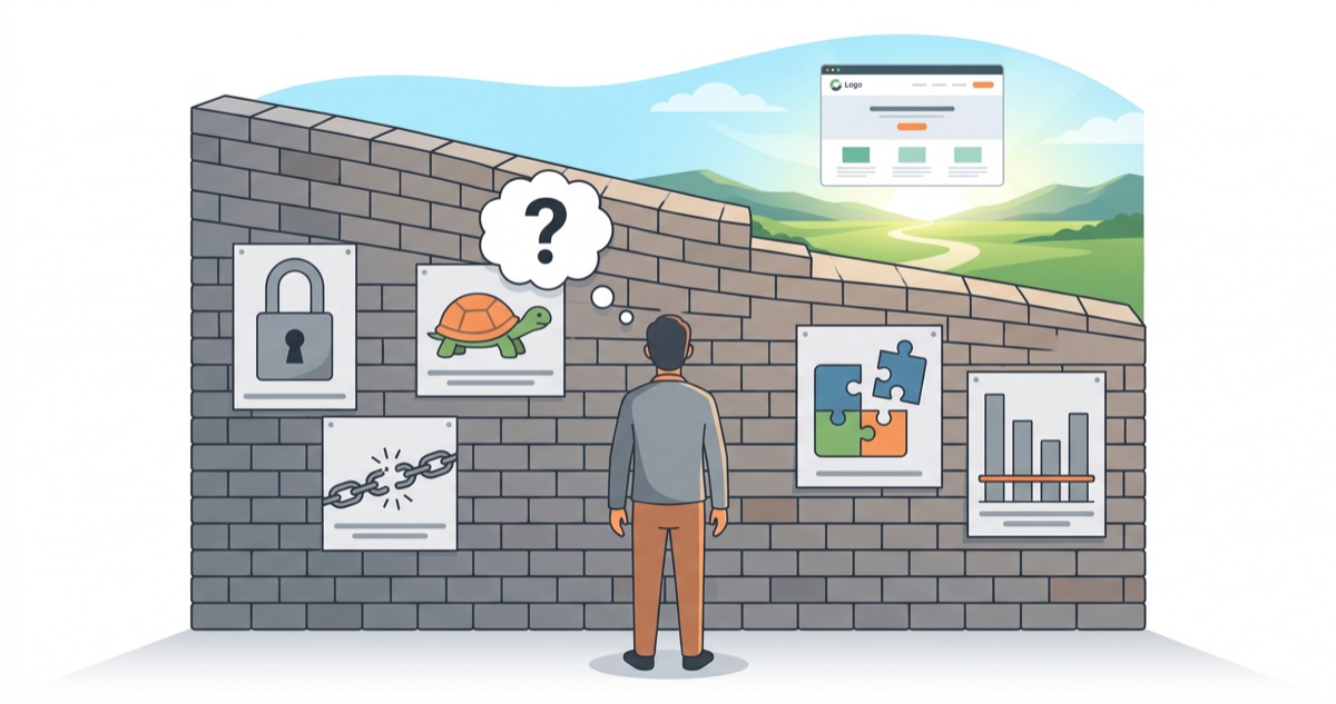 Persona frente a un muro de limitaciones con un horizonte abierto al otro lado